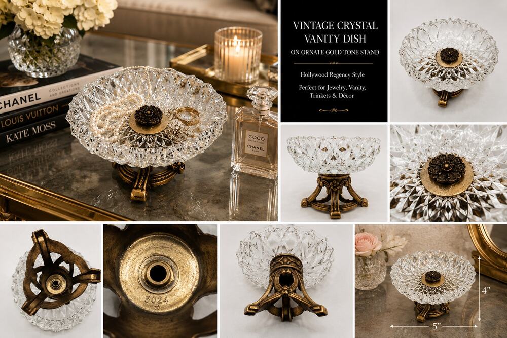Crystal Vanity Dish Jewelry Holder Gold Tone Pedestal Stand Hollywood Regency